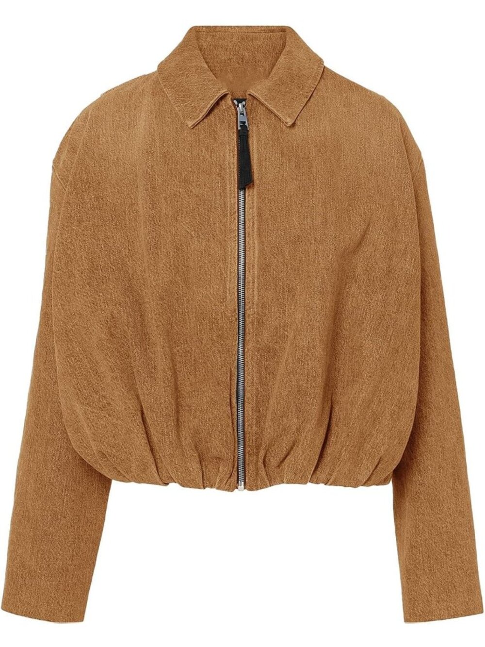 Womens Brown Polyester Lapel Collared Long Sleeve Side Pocket Zip Up Jean Jacket